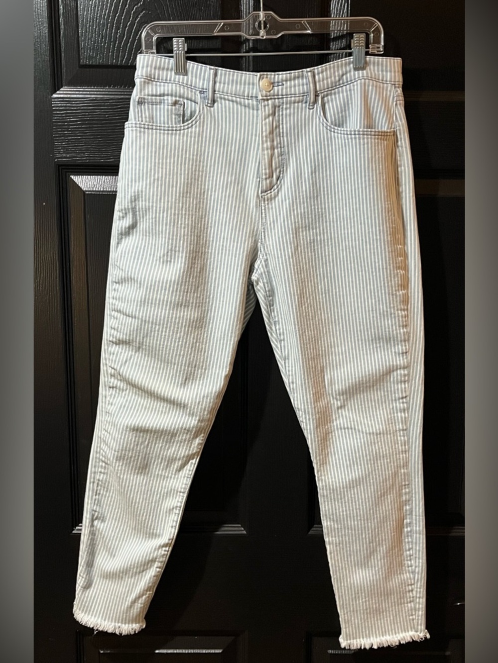 LOFT Blue and White Striped High Waisted Skinny Jeans